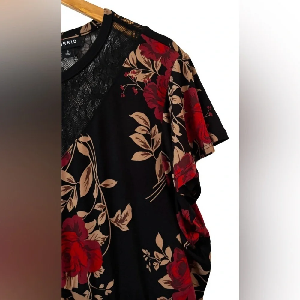 torrid Whimsigoth blk lace & studio knit floral fluttr slv assym midi drss SZ 3 - Picture 7 of 10